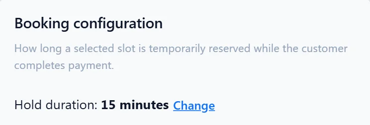 VenueSetu manager app, Booking configuration: how long a selected slot is temporarily reserved while the customer completes payment. Hold duration: 15 minutes.